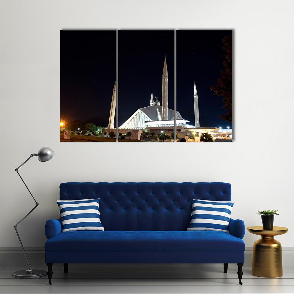 Night View Of Shah Faisal Mosque Canvas Wall Art-3 Horizontal-Gallery Wrap-37" x 24"-Tiaracle