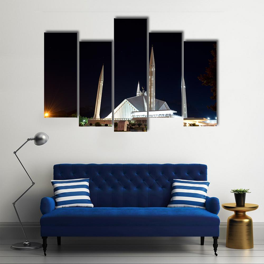 Night View Of Shah Faisal Mosque Canvas Wall Art-5 Pop-Gallery Wrap-47" x 32"-Tiaracle