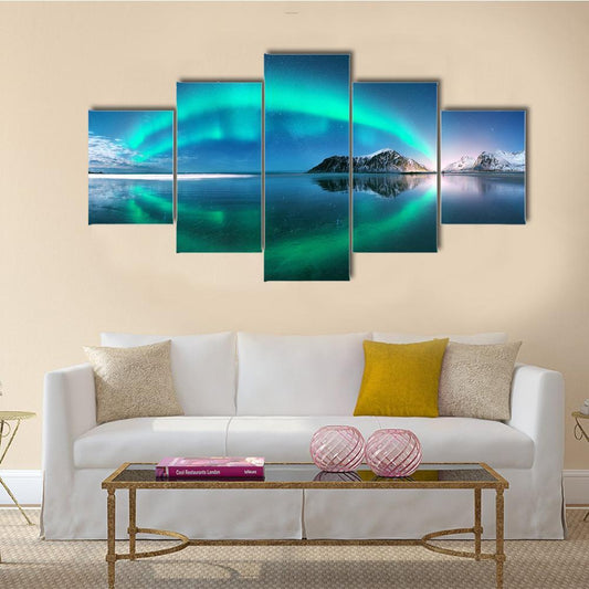 Night Winter Landscape With Aurora Canvas Wall Art-5 Star-Gallery Wrap-62" x 32"-Tiaracle