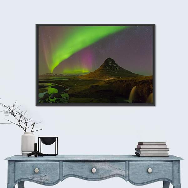 Northern Light Over Kirkjufell Volcano Canvas Wall Art-1 Piece-Floating Frame-24" x 16"-Tiaracle