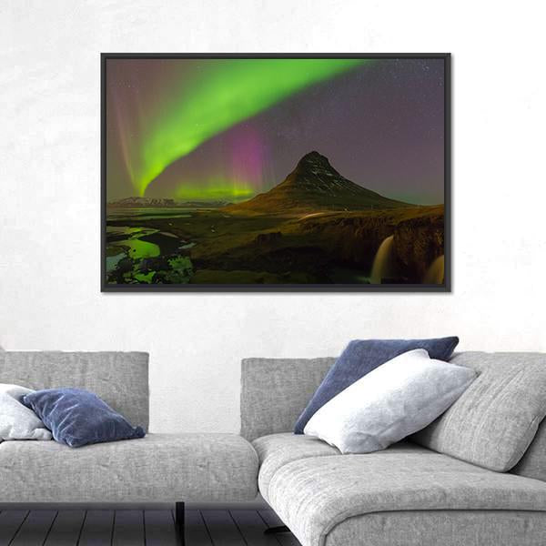 Northern Light Over Kirkjufell Volcano Canvas Wall Art-3 Horizontal-Gallery Wrap-25" x 16"-Tiaracle