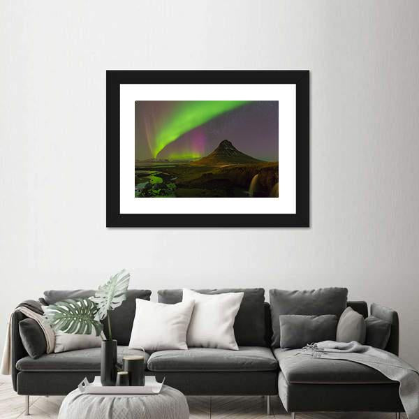 Northern Light Over Kirkjufell Volcano Canvas Wall Art-3 Horizontal-Gallery Wrap-25" x 16"-Tiaracle