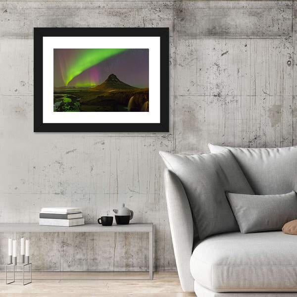Northern Light Over Kirkjufell Volcano Canvas Wall Art-3 Horizontal-Gallery Wrap-25" x 16"-Tiaracle
