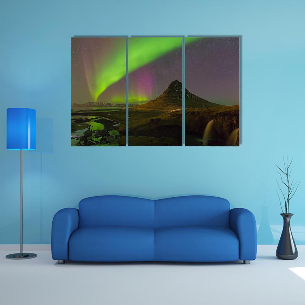 Northern Light Over Kirkjufell Volcano Canvas Wall Art-3 Horizontal-Gallery Wrap-37" x 24"-Tiaracle