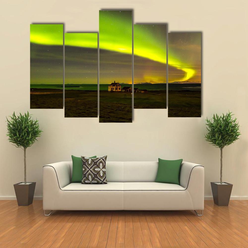 Northern Lights In Iceland Canvas Wall Art-5 Pop-Gallery Wrap-47" x 32"-Tiaracle