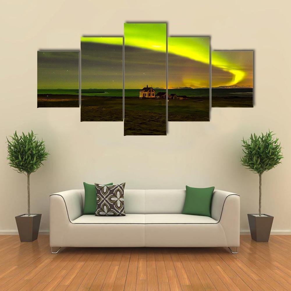 Northern Lights In Iceland Canvas Wall Art-5 Star-Gallery Wrap-62" x 32"-Tiaracle