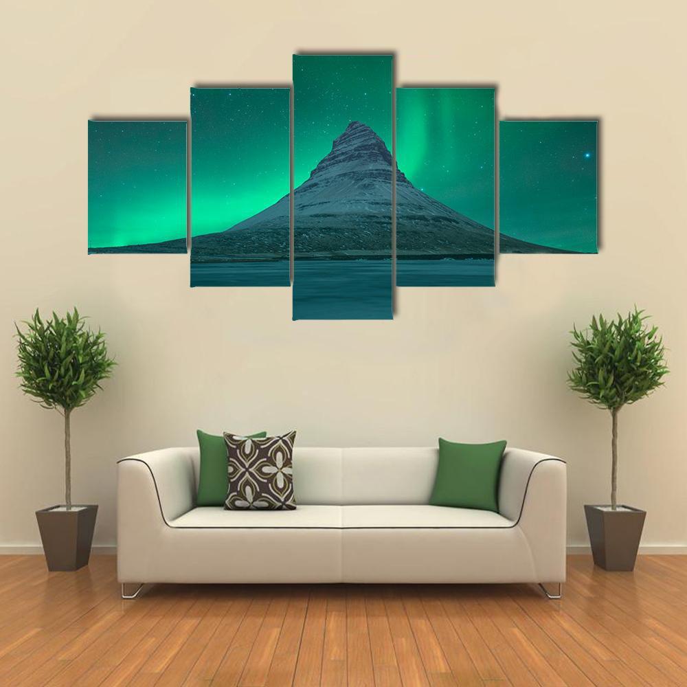 Northern Lights At Mount Kirkjufell Canvas Wall Art-5 Star-Gallery Wrap-62" x 32"-Tiaracle