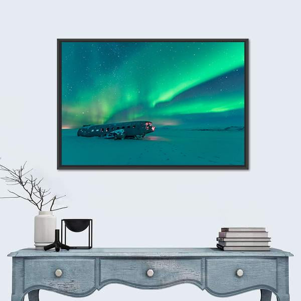 Northern Lights Over Plane Wreck Canvas Wall Art-1 Piece-Floating Frame-24" x 16"-Tiaracle
