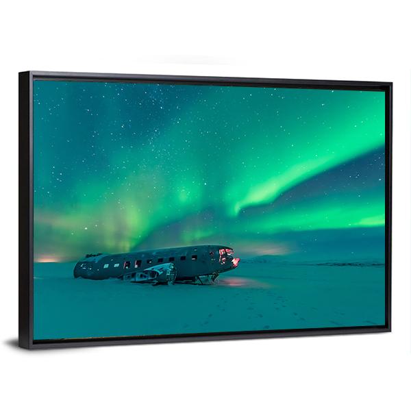 Northern Lights Over Plane Wreck Canvas Wall Art-3 Horizontal-Gallery Wrap-25" x 16"-Tiaracle