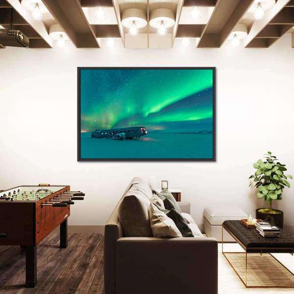 Northern Lights Over Plane Wreck Canvas Wall Art-3 Horizontal-Gallery Wrap-25" x 16"-Tiaracle