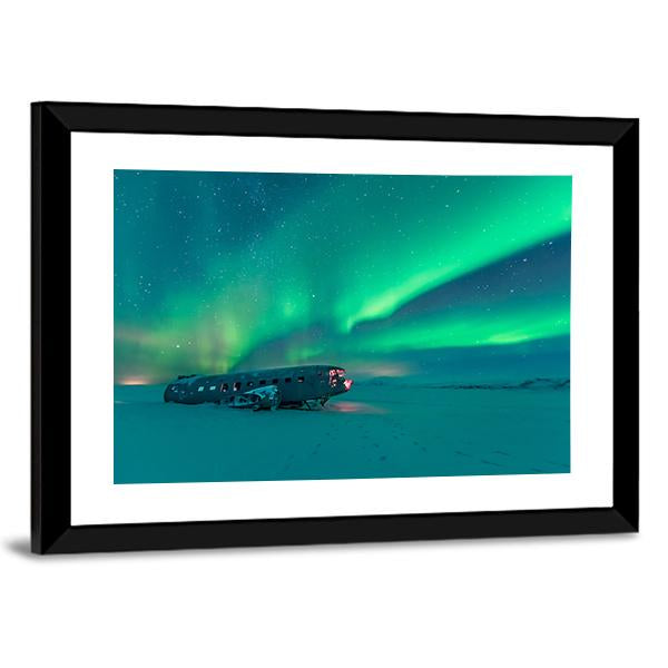 Northern Lights Over Plane Wreck Canvas Wall Art-3 Horizontal-Gallery Wrap-25" x 16"-Tiaracle