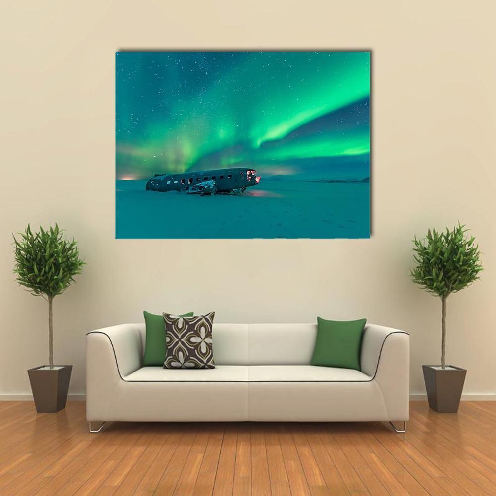 Northern Lights Over Plane Wreck Canvas Wall Art-1 Piece-Gallery Wrap-48" x 32"-Tiaracle