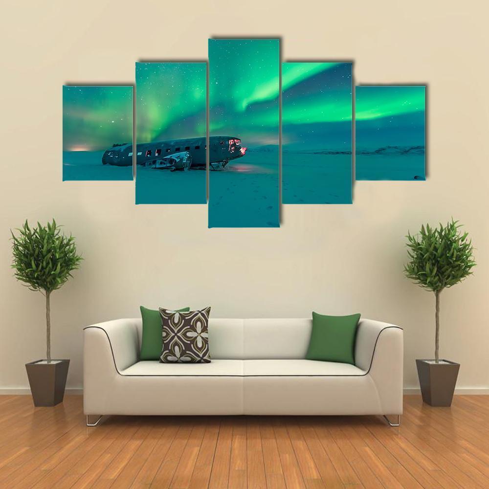 Northern Lights Over Plane Wreck Canvas Wall Art-5 Star-Gallery Wrap-62" x 32"-Tiaracle