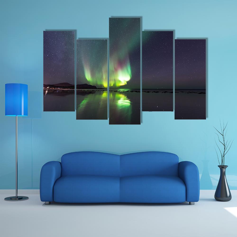 Northern Lights Over Skagsanden Beach Canvas Wall Art-5 Pop-Gallery Wrap-47" x 32"-Tiaracle