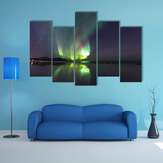 Northern Lights Over Skagsanden Beach Canvas Wall Art-5 Pop-Gallery Wrap-47" x 32"-Tiaracle