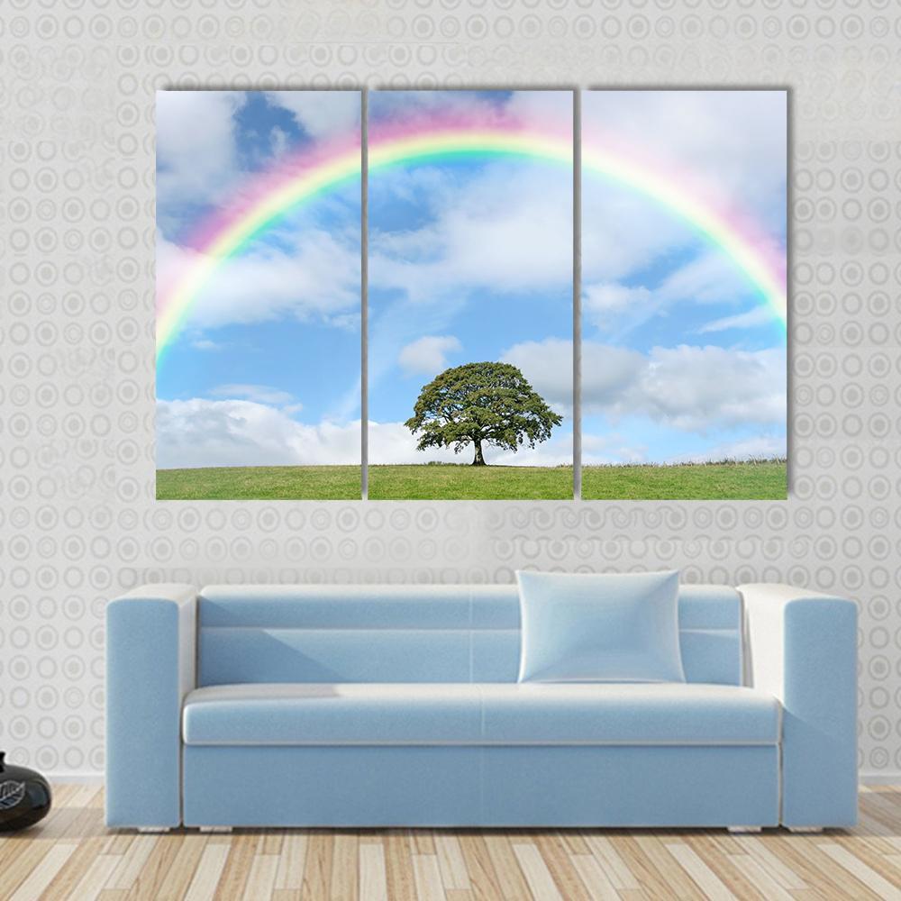 Oak Tree Under Rainbow Canvas Wall Art-3 Horizontal-Gallery Wrap-37" x 24"-Tiaracle