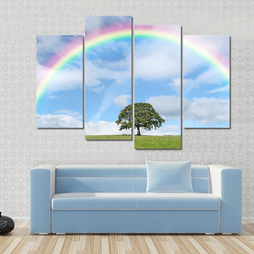 Oak Tree Under Rainbow Canvas Wall Art-4 Pop-Gallery Wrap-50" x 32"-Tiaracle