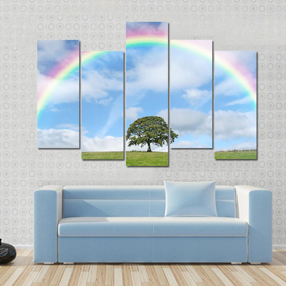 Oak Tree Under Rainbow Canvas Wall Art-5 Pop-Gallery Wrap-47" x 32"-Tiaracle