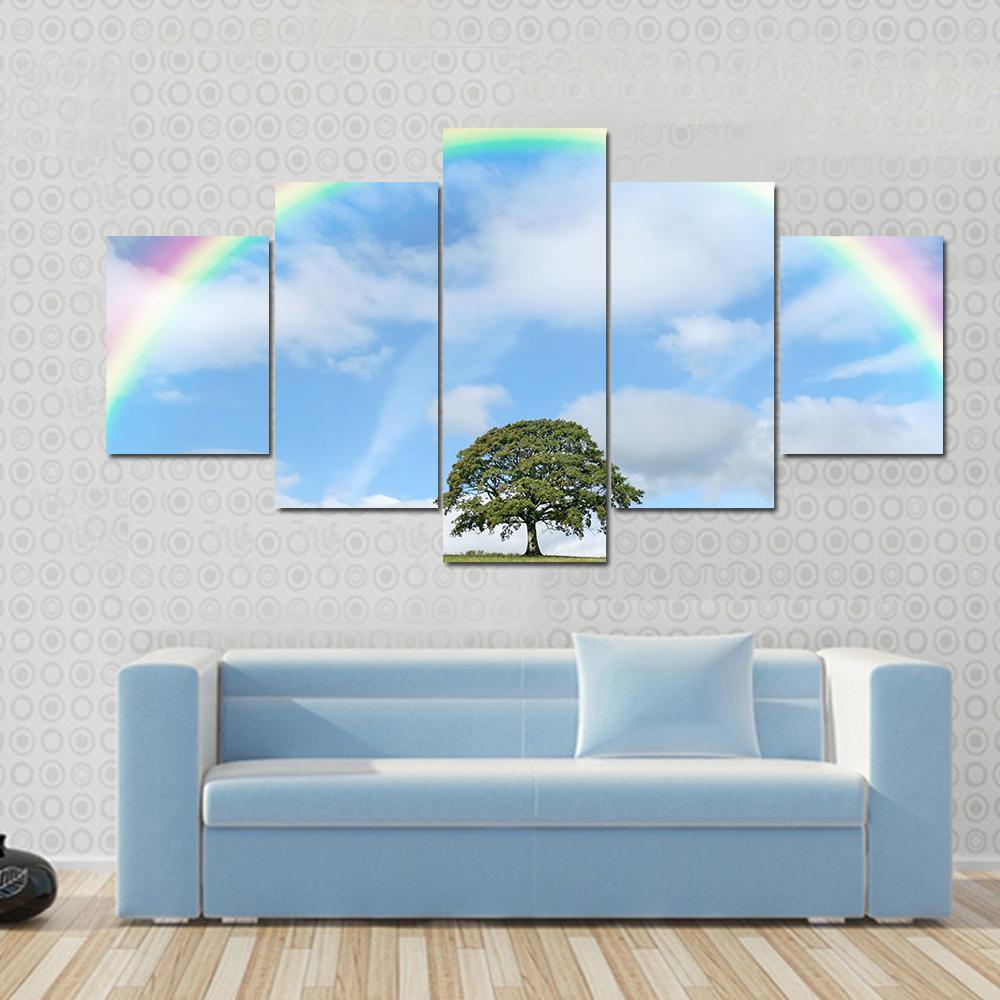 Oak Tree Under Rainbow Canvas Wall Art-5 Star-Gallery Wrap-62" x 32"-Tiaracle