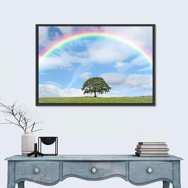 Oak Tree Under Rainbow Canvas Wall Art-1 Piece-Floating Frame-24" x 16"-Tiaracle