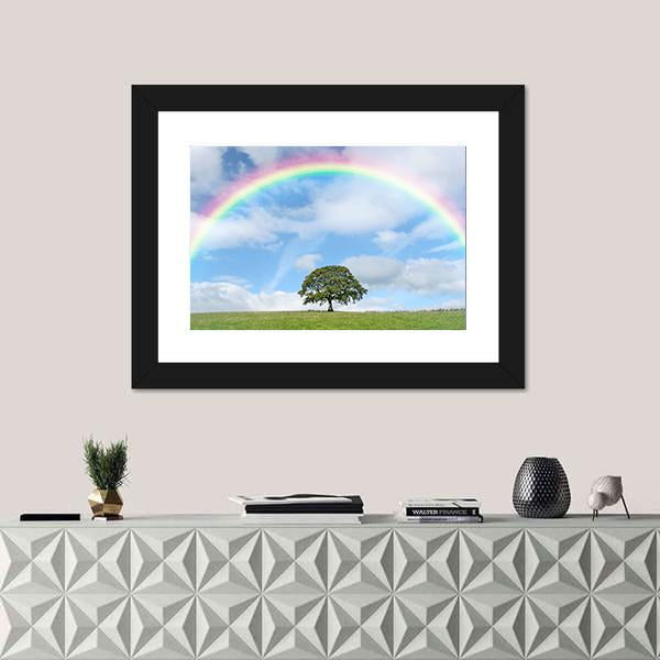 Oak Tree Under Rainbow Canvas Wall Art-1 Piece-Framed Print-20" x 16"-Tiaracle