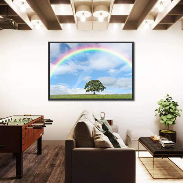 Oak Tree Under Rainbow Canvas Wall Art-3 Horizontal-Gallery Wrap-25" x 16"-Tiaracle