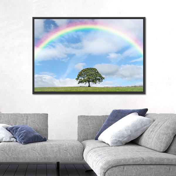 Oak Tree Under Rainbow Canvas Wall Art-3 Horizontal-Gallery Wrap-25" x 16"-Tiaracle