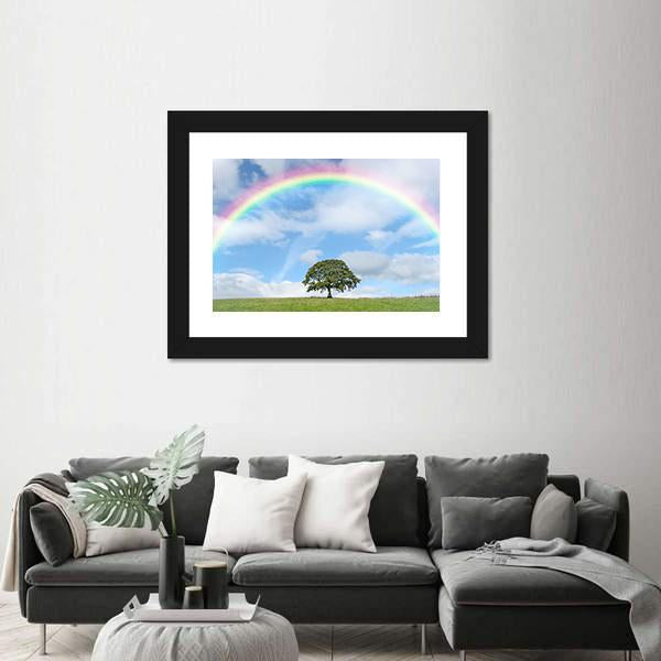 Oak Tree Under Rainbow Canvas Wall Art-3 Horizontal-Gallery Wrap-25" x 16"-Tiaracle