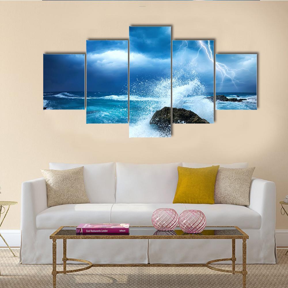 Ocean Storm Canvas Wall Art-5 Star-Gallery Wrap-62" x 32"-Tiaracle