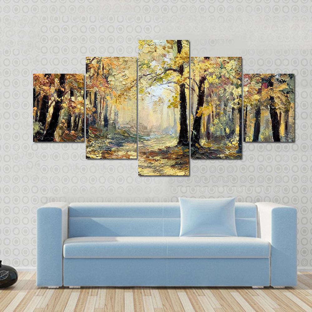 Autumn Forest Abstract Canvas Wall Art-5 Star-Gallery Wrap-62" x 32"-Tiaracle