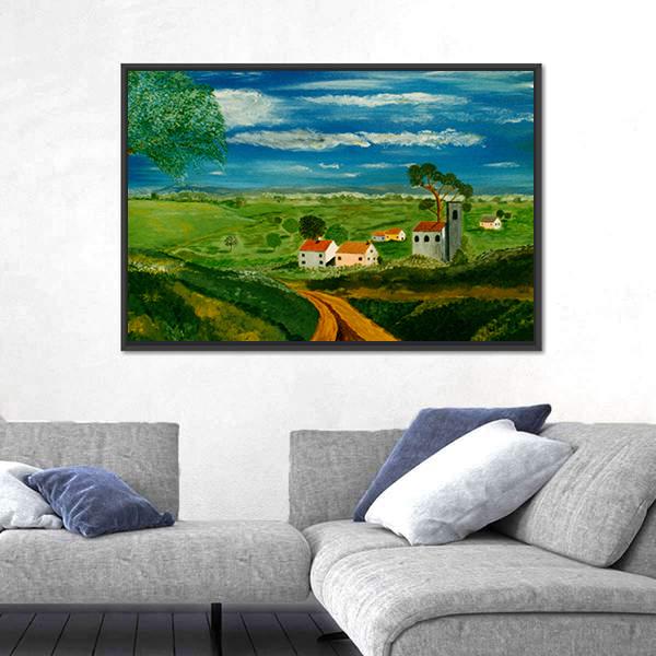 Oil Painting Of Village Canvas Wall Art-3 Horizontal-Gallery Wrap-25" x 16"-Tiaracle