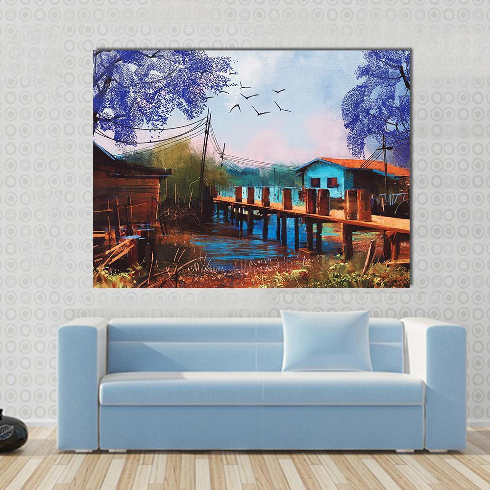 Abstract Fishing Village Canvas Wall Art-1 Piece-Gallery Wrap-48" x 32"-Tiaracle