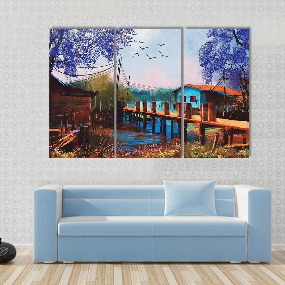 Abstract Fishing Village Canvas Wall Art-3 Horizontal-Gallery Wrap-37" x 24"-Tiaracle