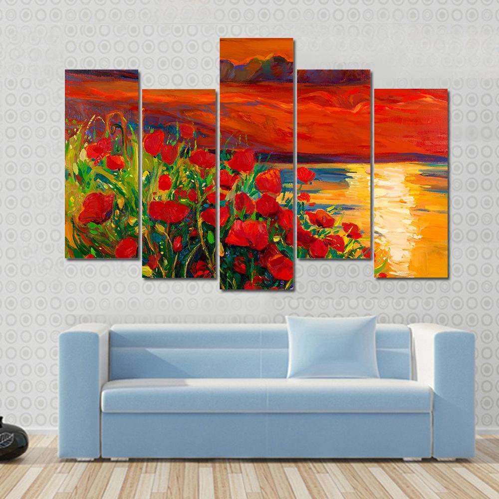 Opium Poppy Field Canvas Wall Art-5 Pop-Gallery Wrap-47" x 32"-Tiaracle