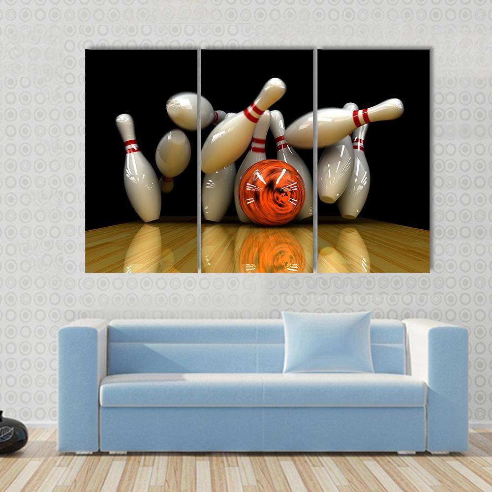 Orange Bowling Ball Strike Canvas Wall Art-3 Horizontal-Gallery Wrap-37" x 24"-Tiaracle