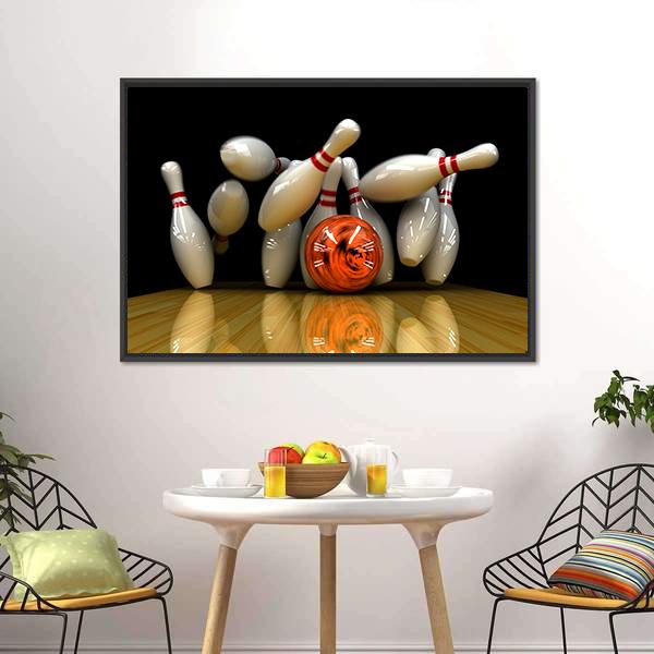 Orange Bowling Ball Strike Canvas Wall Art-3 Horizontal-Gallery Wrap-25" x 16"-Tiaracle