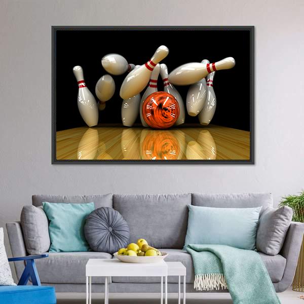 Orange Bowling Ball Strike Canvas Wall Art-1 Piece-Floating Frame-24" x 16"-Tiaracle