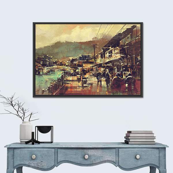 Painting Of Village With A Bridge And Old Buildings Canvas Wall Art-1 Piece-Floating Frame-24" x 16"-Tiaracle