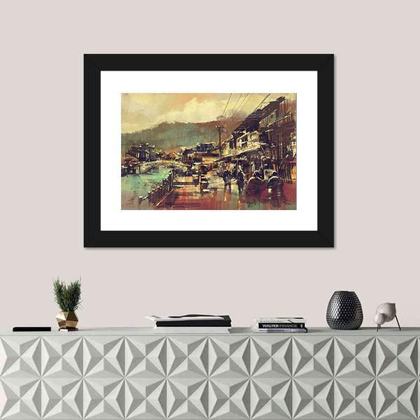 Painting Of Village With A Bridge And Old Buildings Canvas Wall Art-1 Piece-Framed Print-20" x 16"-Tiaracle