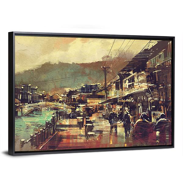 Painting Of Village With A Bridge And Old Buildings Canvas Wall Art-3 Horizontal-Gallery Wrap-25" x 16"-Tiaracle