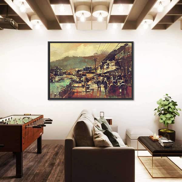 Painting Of Village With A Bridge And Old Buildings Canvas Wall Art-3 Horizontal-Gallery Wrap-25" x 16"-Tiaracle