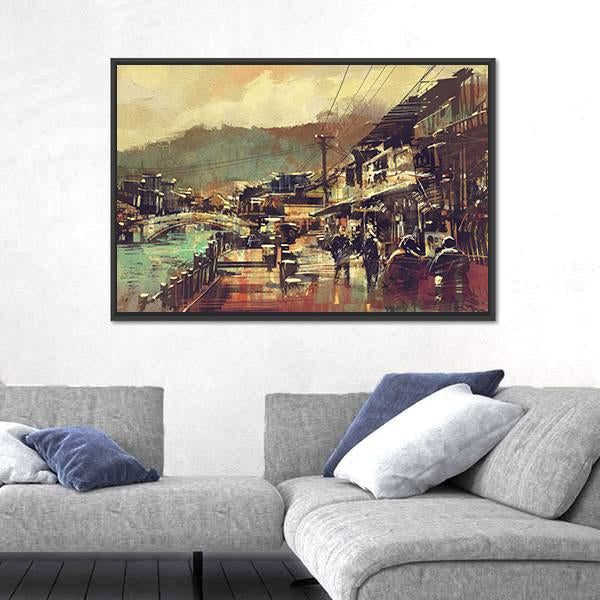 Painting Of Village With A Bridge And Old Buildings Canvas Wall Art-3 Horizontal-Gallery Wrap-25" x 16"-Tiaracle