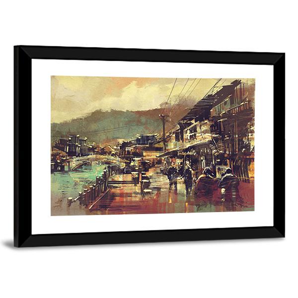 Painting Of Village With A Bridge And Old Buildings Canvas Wall Art-3 Horizontal-Gallery Wrap-25" x 16"-Tiaracle