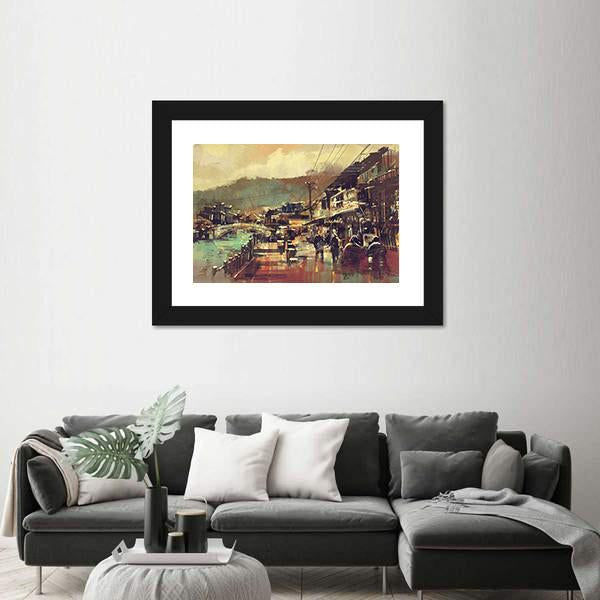 Painting Of Village With A Bridge And Old Buildings Canvas Wall Art-3 Horizontal-Gallery Wrap-25" x 16"-Tiaracle