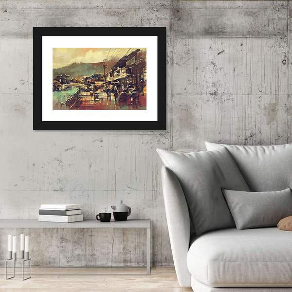 Painting Of Village With A Bridge And Old Buildings Canvas Wall Art-3 Horizontal-Gallery Wrap-25" x 16"-Tiaracle