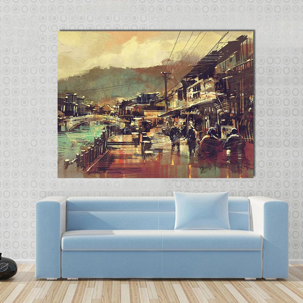 Painting Of Village With A Bridge And Old Buildings Canvas Wall Art-1 Piece-Gallery Wrap-48" x 32"-Tiaracle