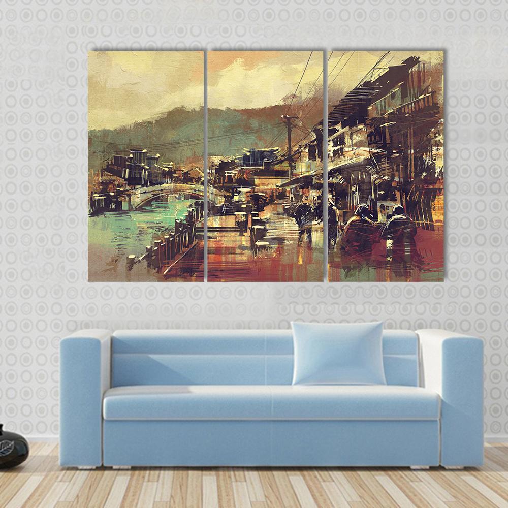 Painting Of Village With A Bridge And Old Buildings Canvas Wall Art-3 Horizontal-Gallery Wrap-37" x 24"-Tiaracle