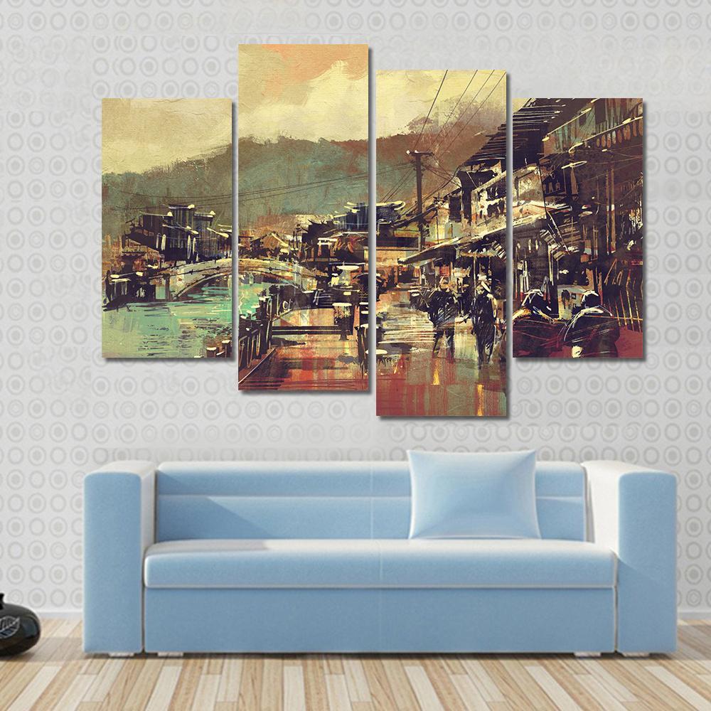 Painting Of Village With A Bridge And Old Buildings Canvas Wall Art-4 Pop-Gallery Wrap-50" x 32"-Tiaracle