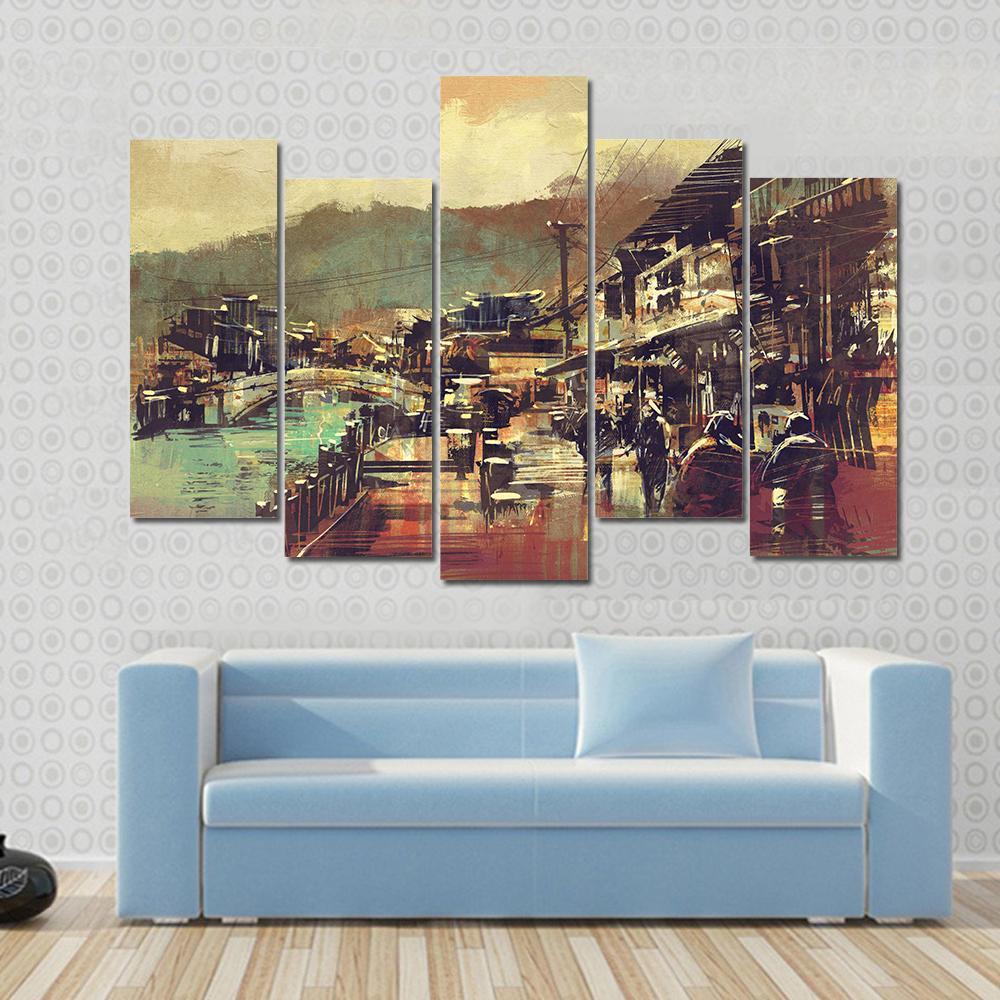 Painting Of Village With A Bridge And Old Buildings Canvas Wall Art-5 Pop-Gallery Wrap-47" x 32"-Tiaracle