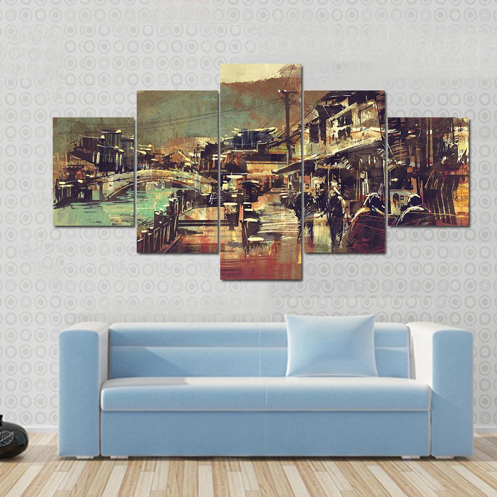 Painting Of Village With A Bridge And Old Buildings Canvas Wall Art-5 Star-Gallery Wrap-62" x 32"-Tiaracle